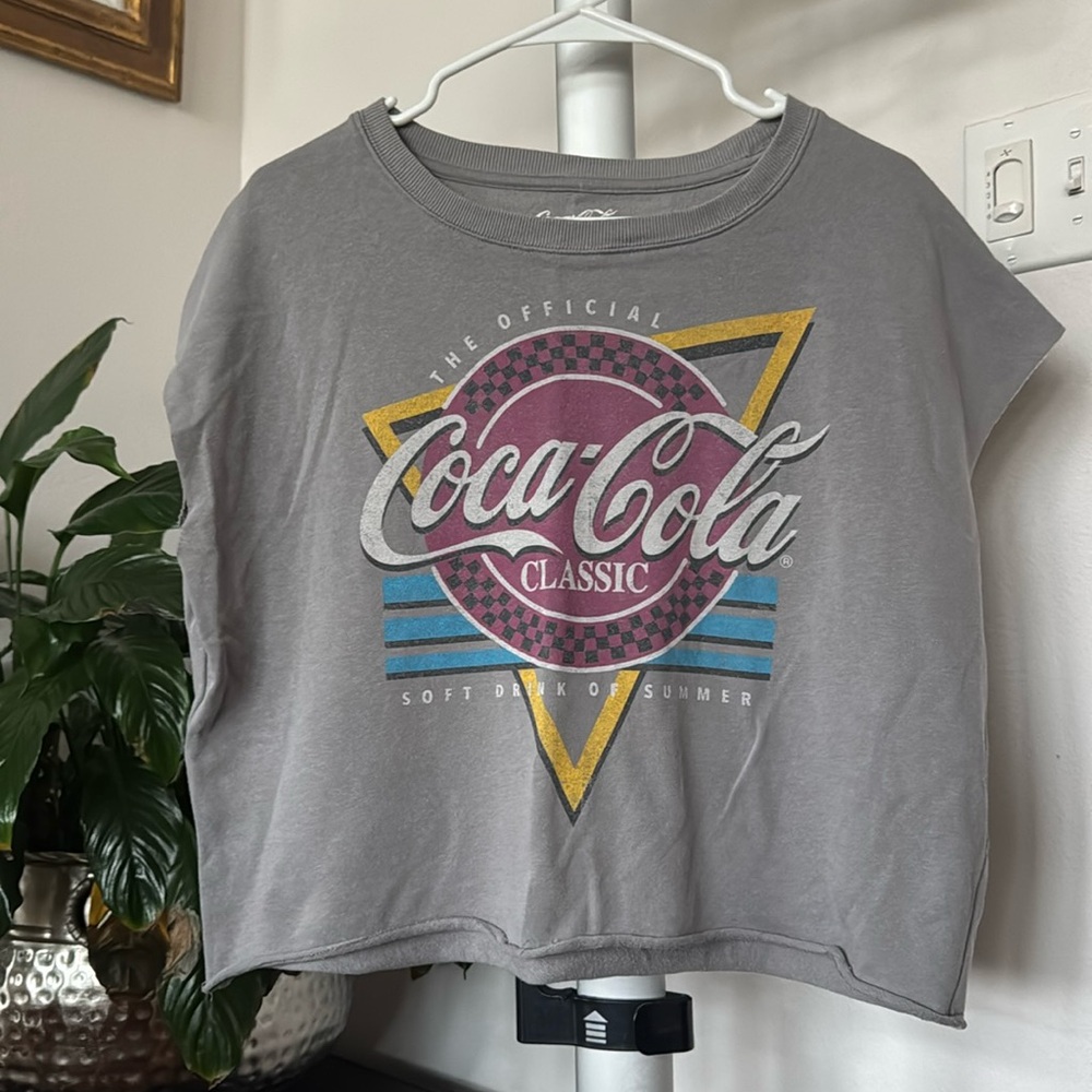 Coca Cola 90s Retro Logo Cropped Sweatshirt Top Sz S Sleeveless Gray White